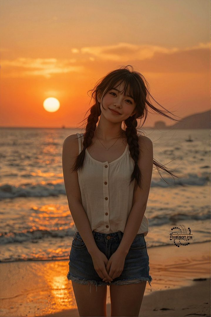A young woman with braided hair and bangs smiles at the camera on a beach during golden hour.