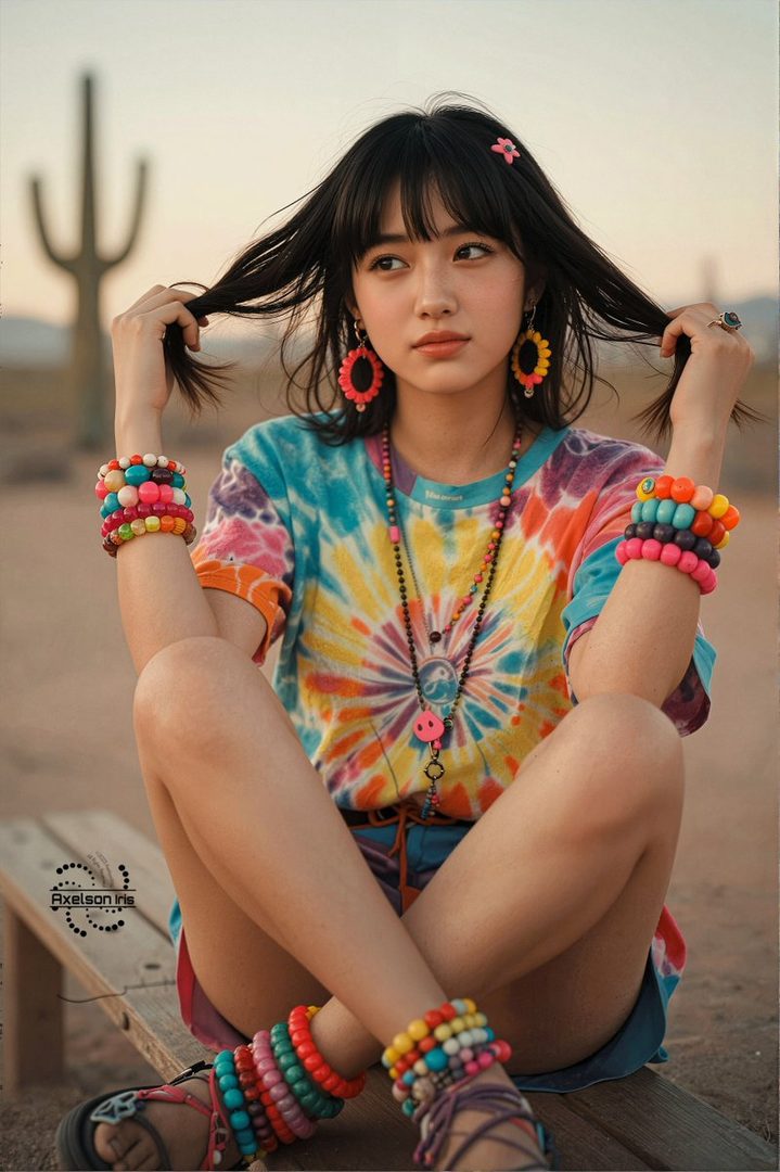 A young woman with black hair and bangs, wearing a colorful tie-dye shirt and many beaded bracelets, sits outdoors with a cactus in the background.