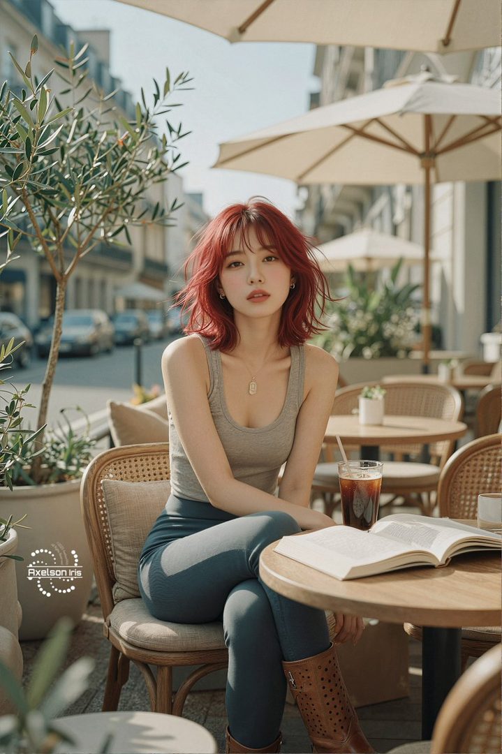 A young woman with red hair sits at an outdoor cafe table with a drink and an open book.