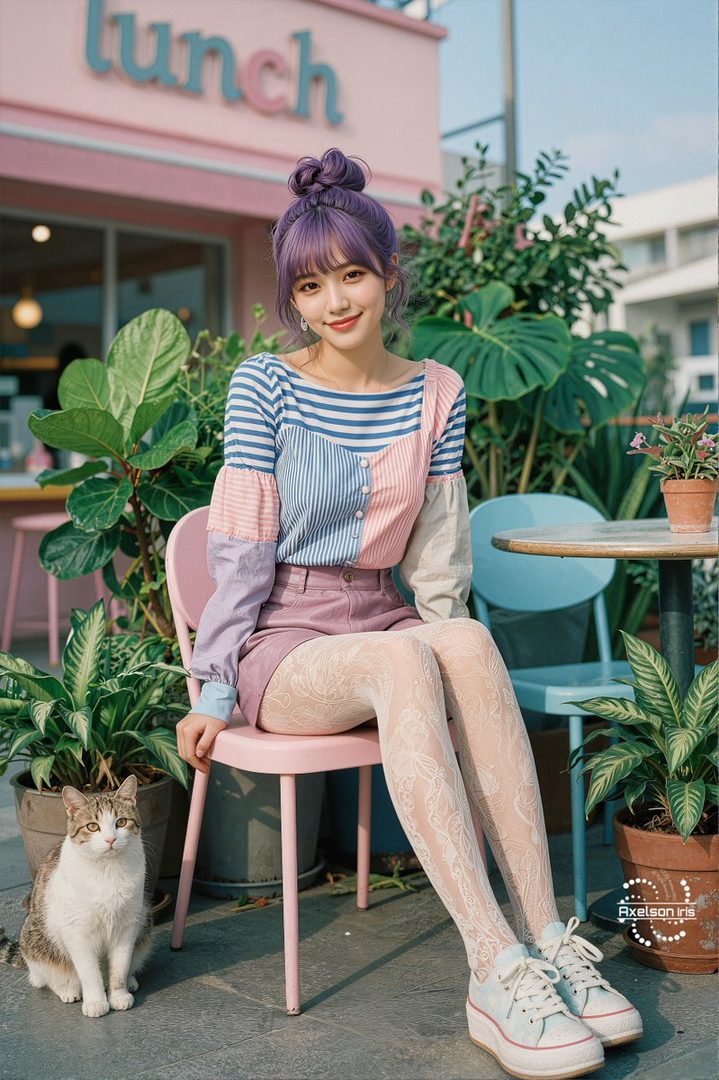 A young woman with purple hair in a bun and bangs, wearing a colorful striped top, pink shorts, and white patterned tights, sits on a pink chair outdoors next to a cat and potted plants, with a pink building in the background.