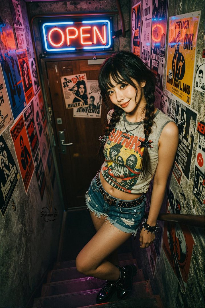 A young woman with black braided hair and bangs, wearing a graphic t-shirt and denim shorts, stands on stairs in a dimly lit indoor setting with an "OPEN" neon sign and posters on the walls.