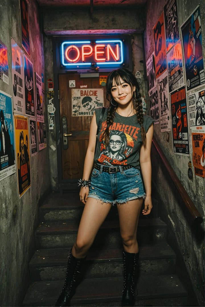 A young woman with black braided pigtails and bangs, wearing a graphic t-shirt, denim shorts, and black boots, stands on a staircase in a dimly lit indoor setting with an "OPEN" neon sign and posters on the walls.