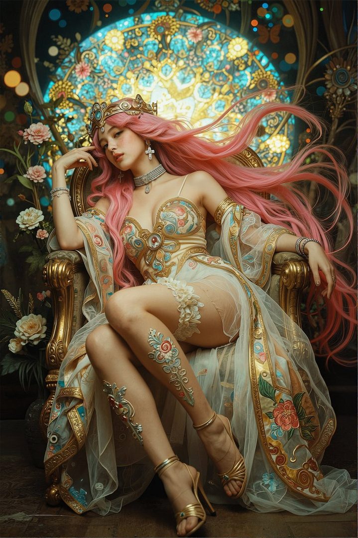 A woman with long pink hair and a golden crown sits on an ornate chair, wearing an elaborate dress with floral patterns, against a backdrop of a stained glass window.