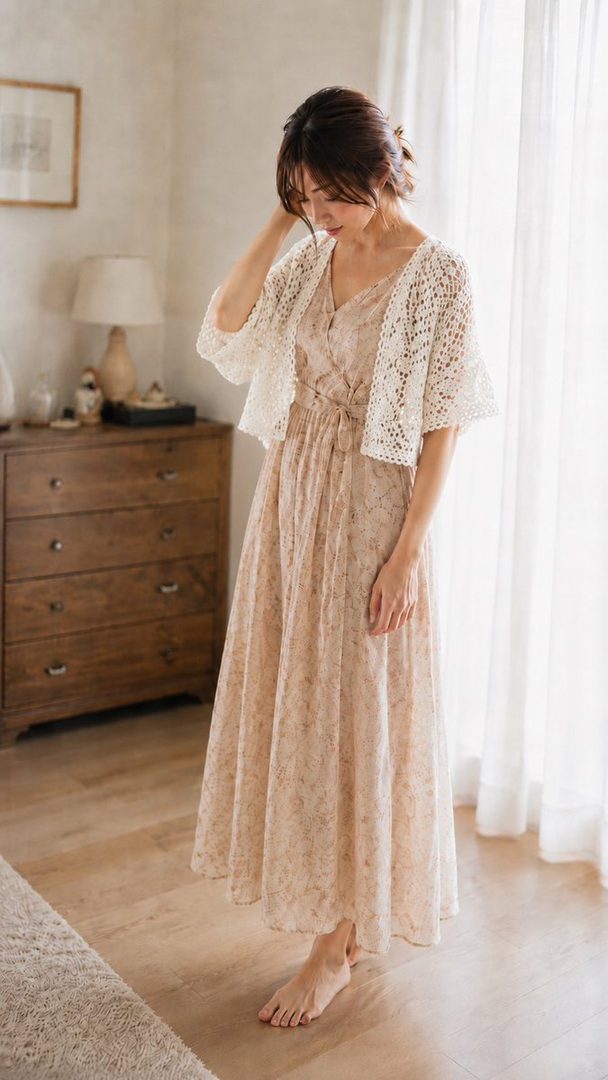 A woman in a long floral dress and a white crochet cardigan stands barefoot in a softly lit room.