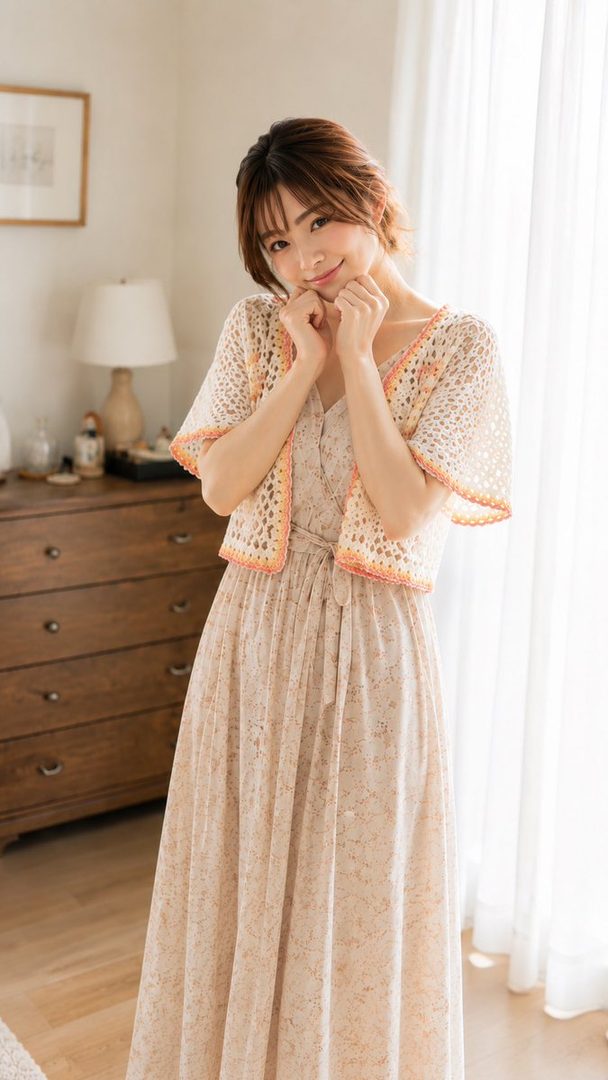 A cute Japanese woman with short brown hair poses indoors, wearing a light-colored dress and a crocheted cardigan.