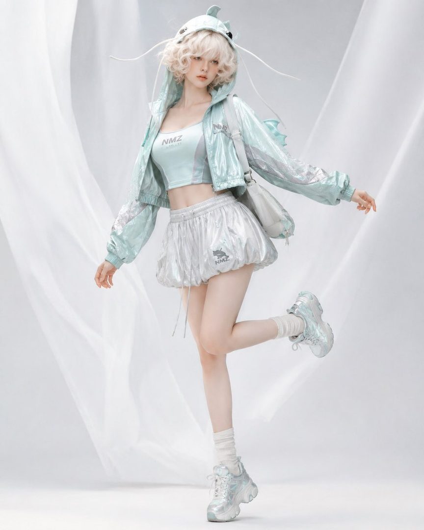 A woman with blonde curly hair wears a light blue and silver sporty outfit with a hooded jacket and a short skirt, posing in a studio.