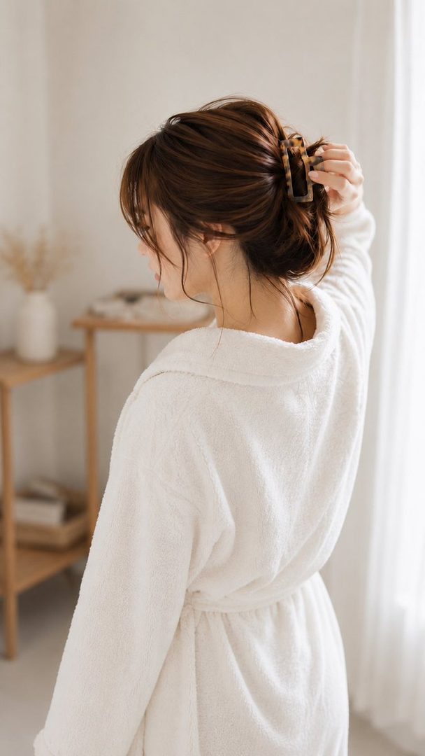 A woman with brown hair in a white robe is seen from behind, adjusting her hair with a claw clip in a bright indoor setting.