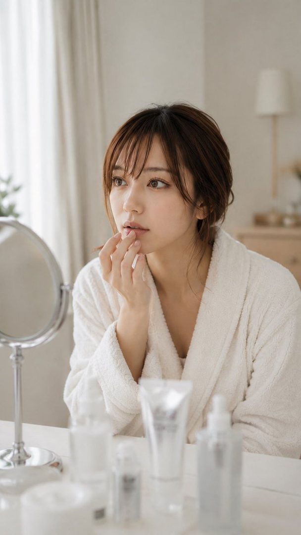 A young woman in a white bathrobe is looking at her reflection in a mirror, touching her lips, with various skincare products on the table.