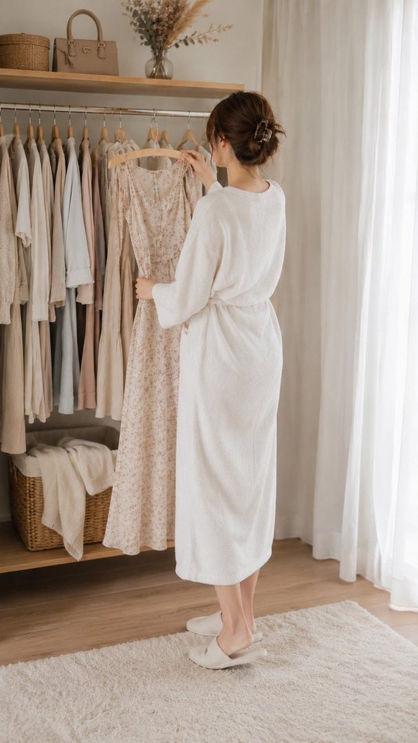 A woman in a white robe stands in front of a clothing rack, holding up a floral dress.
