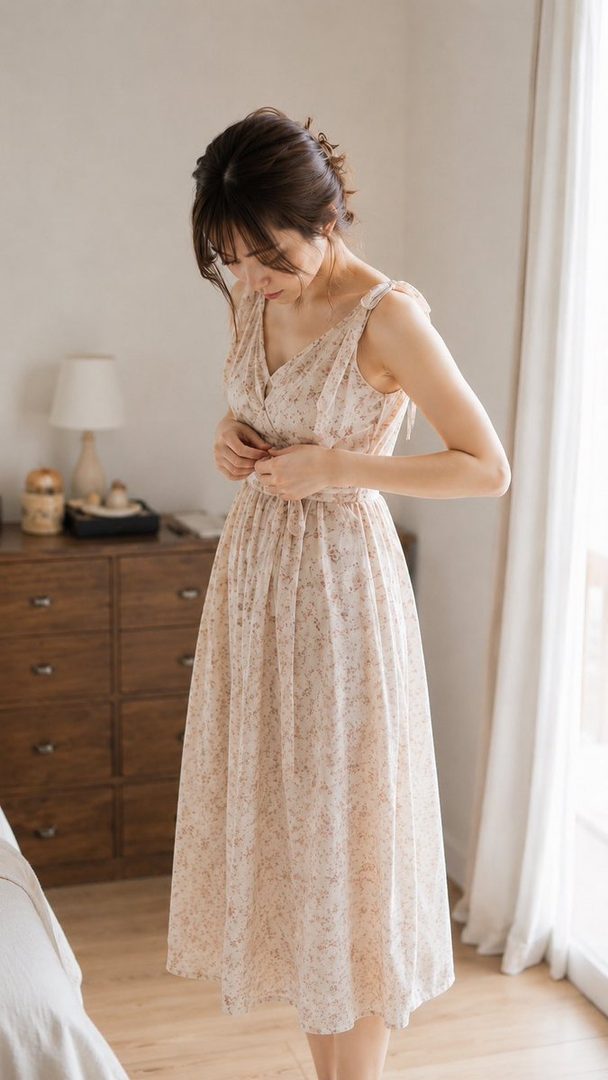 A woman in a floral dress is adjusting her outfit indoors, with natural light coming from a window.
