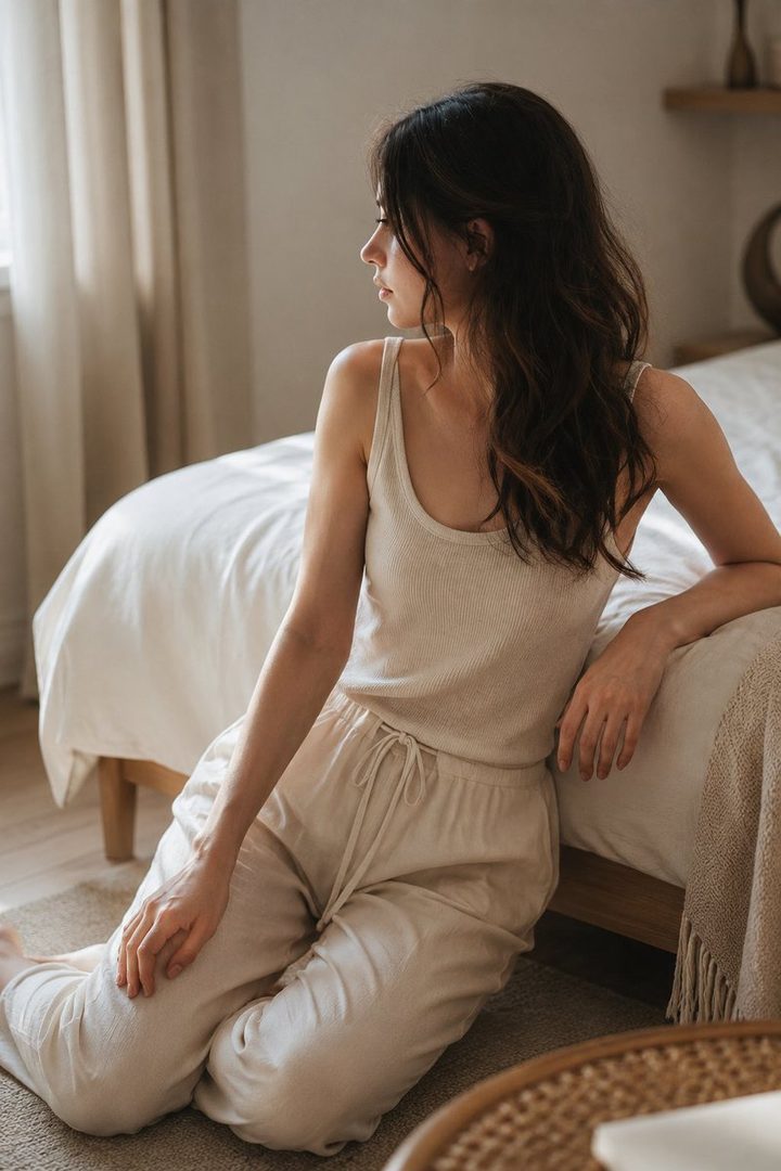 A woman with long brown hair sits on the floor next to a bed, wearing a light-colored tank top and pants, looking away from the camera.