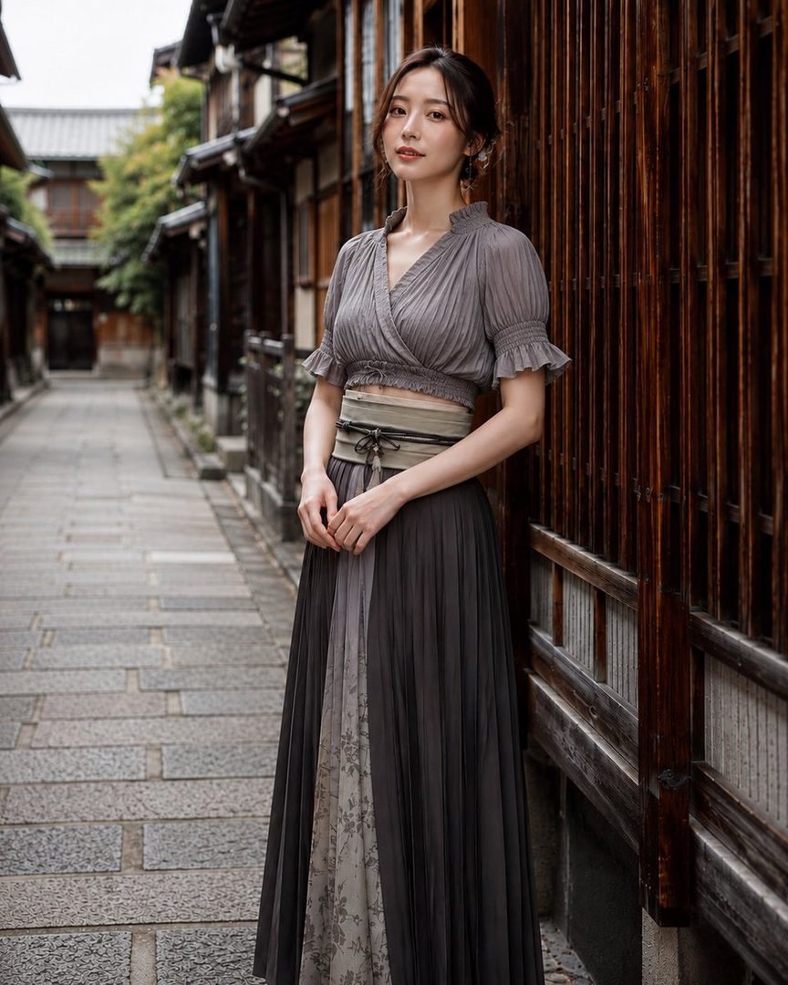 A woman in a grey top and long pleated skirt stands on a stone street next to traditional wooden buildings.