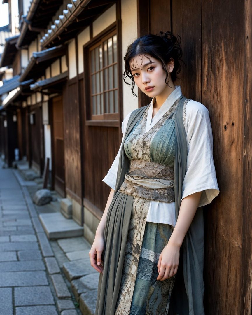 A young woman in traditional Japanese attire stands on a stone street next to a wooden building.