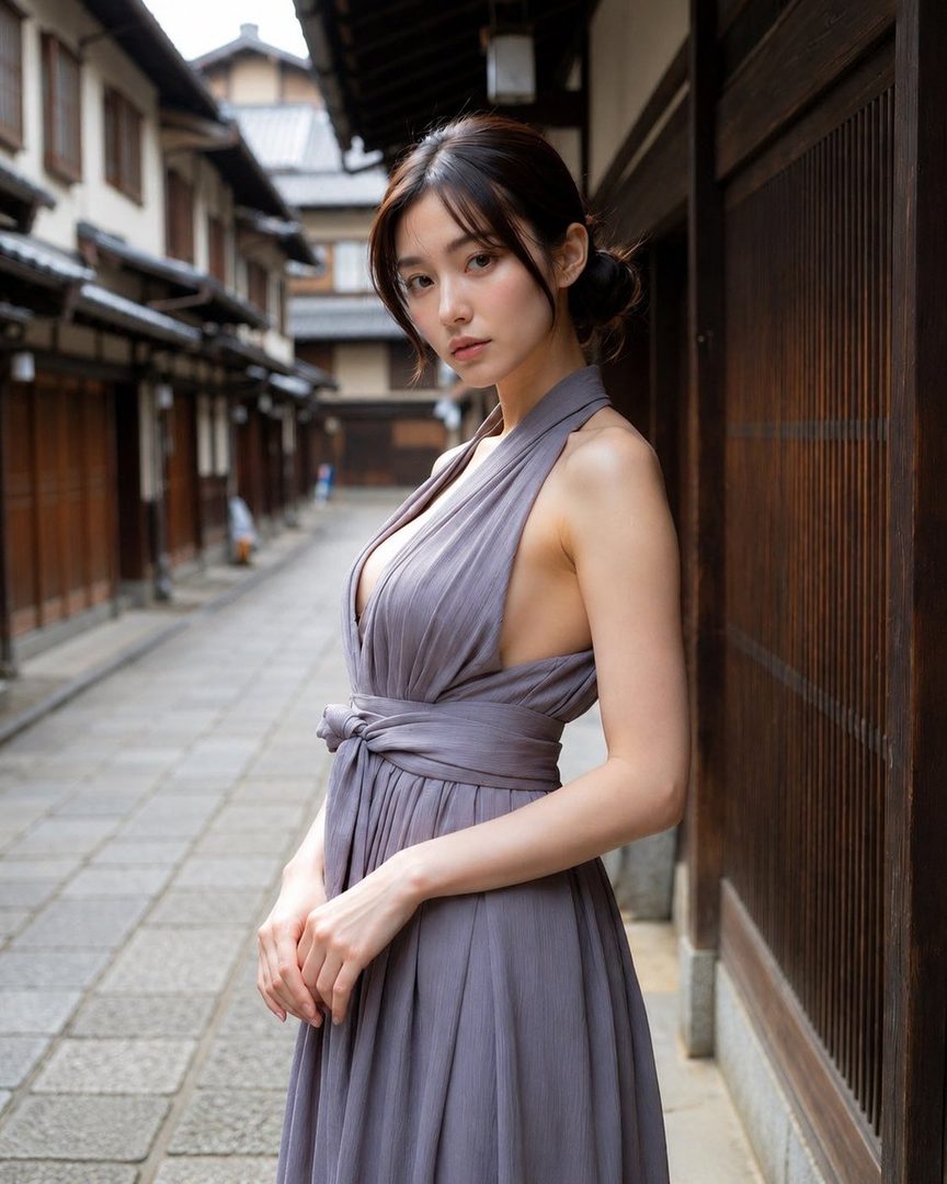 A beautiful Japanese woman in a grey halter dress stands on a traditional street.