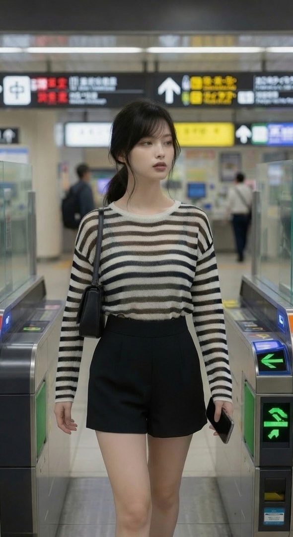 A young woman with black hair in a striped knit top and black shorts walks through a train station turnstile.