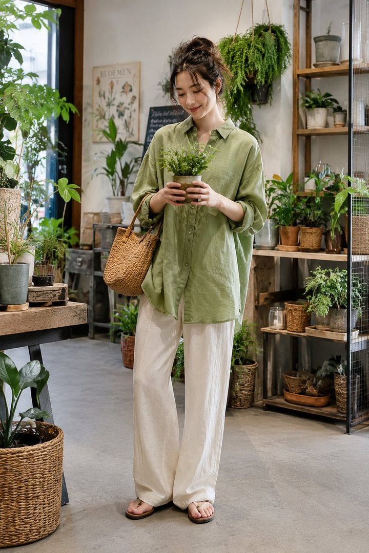 A woman in a green shirt and white pants holds a small potted plant in a plant shop.