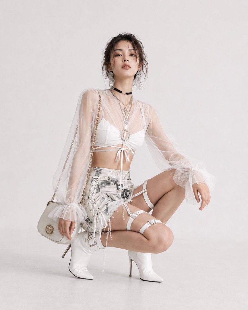 A woman in a white sheer top, white bra, and patterned skirt with thigh straps poses in a studio.