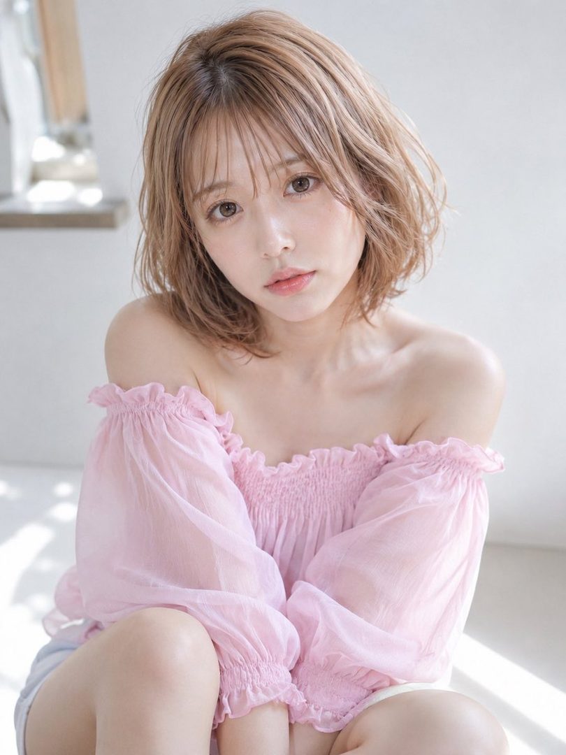 A photorealistic portrait of a young woman with short blonde hair and bangs, wearing a pink off-the-shoulder blouse, looking directly at the camera.