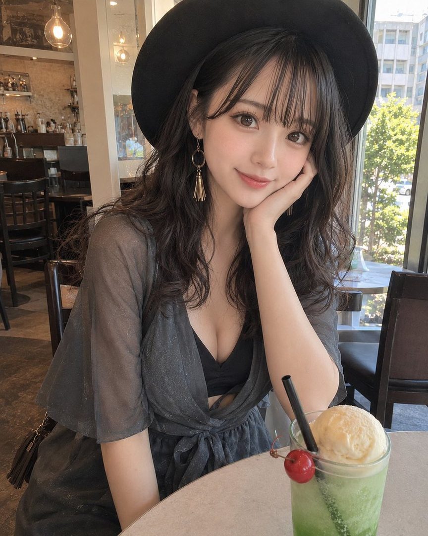 A cute young woman with long brown hair and bangs, wearing a black hat and a sheer grey top over a black bra, poses at a cafe table with a green drink.