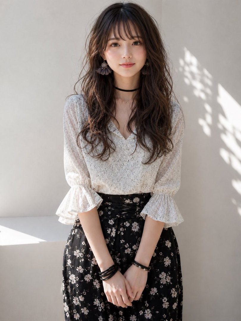 A young woman with long brown hair and bangs wears a white floral blouse and a black floral skirt, posing indoors.