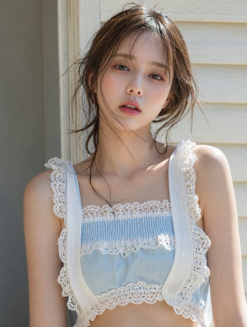 A photorealistic portrait of a young woman with brown hair wearing a light blue and white lace top, looking directly at the camera outdoors.