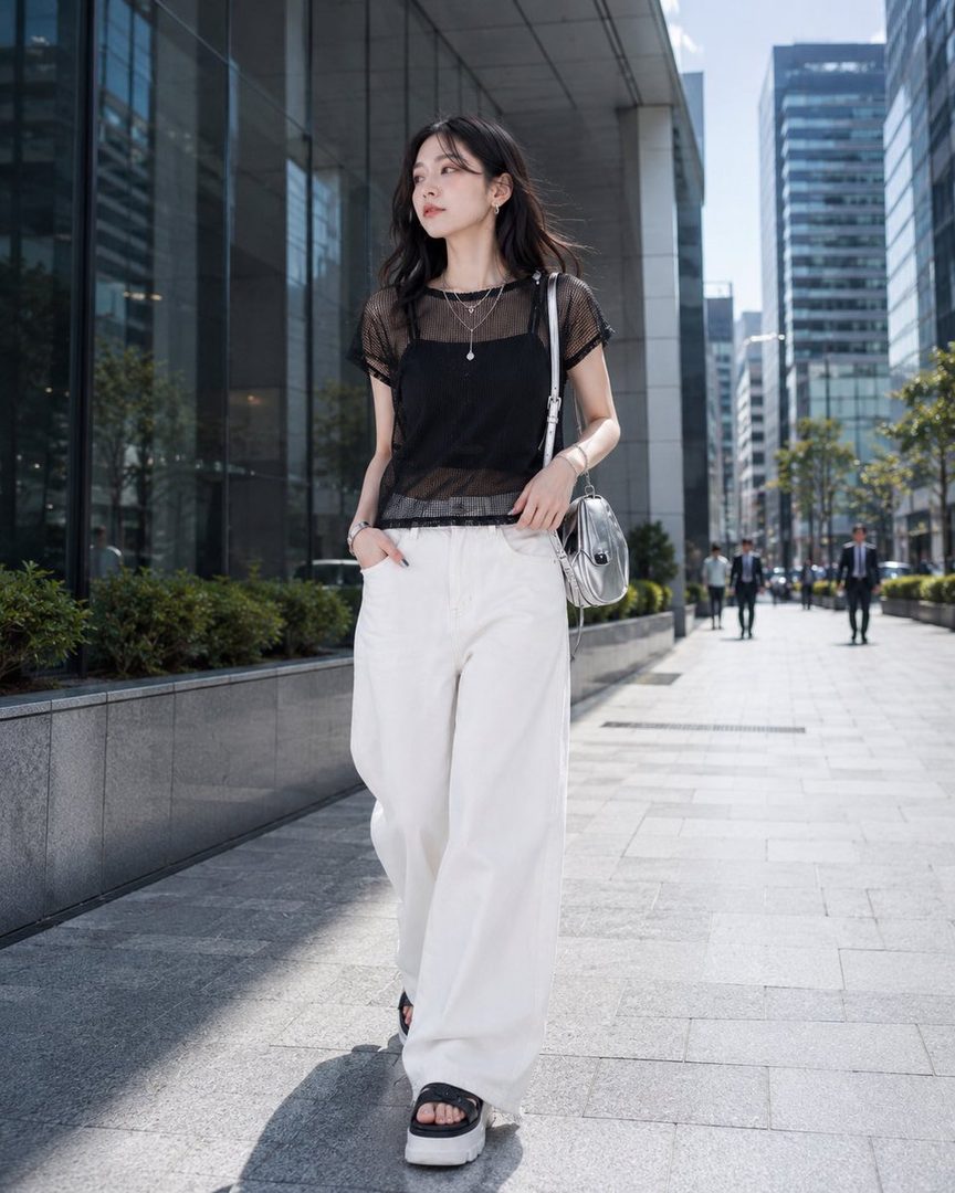A young woman with long black hair walks down a city street, wearing a black sheer top over a black camisole, white wide-leg pants, and platform sandals, carrying a silver shoulder bag.