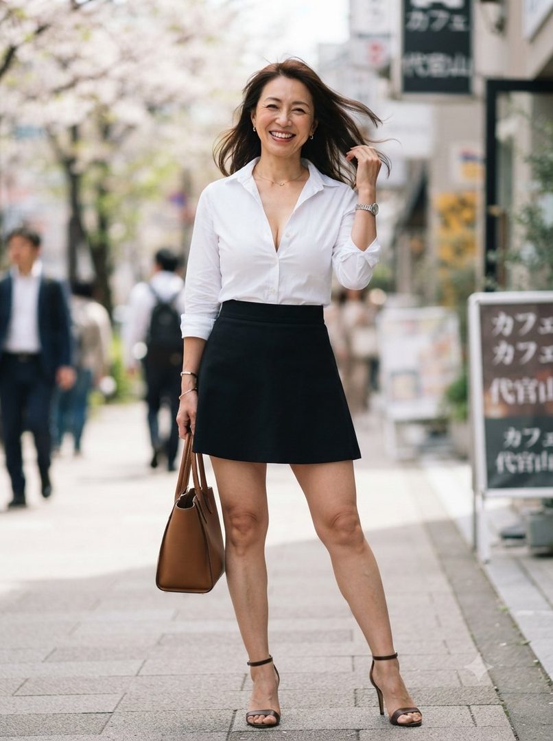 A smiling woman with long brown hair, wearing a white blouse and black skirt, stands on a city street with cherry blossoms in the background.