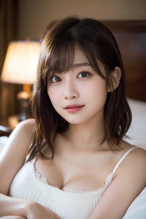 A photorealistic portrait of a young East Asian woman with short brown hair and bangs, wearing a white knit top, looking directly at the camera with a gentle expression, in an indoor setting with a lamp in the background.