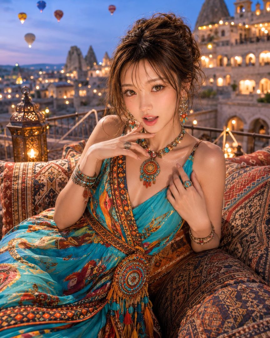 A beautiful woman in a vibrant patterned dress and ornate jewelry poses on a rooftop overlooking a city with hot air balloons at golden hour.
