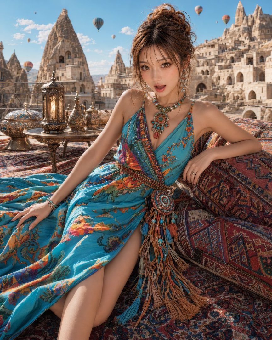A woman in a blue patterned dress with a decorative belt and necklace poses outdoors with a scenic view of ancient buildings and hot air balloons in the background.