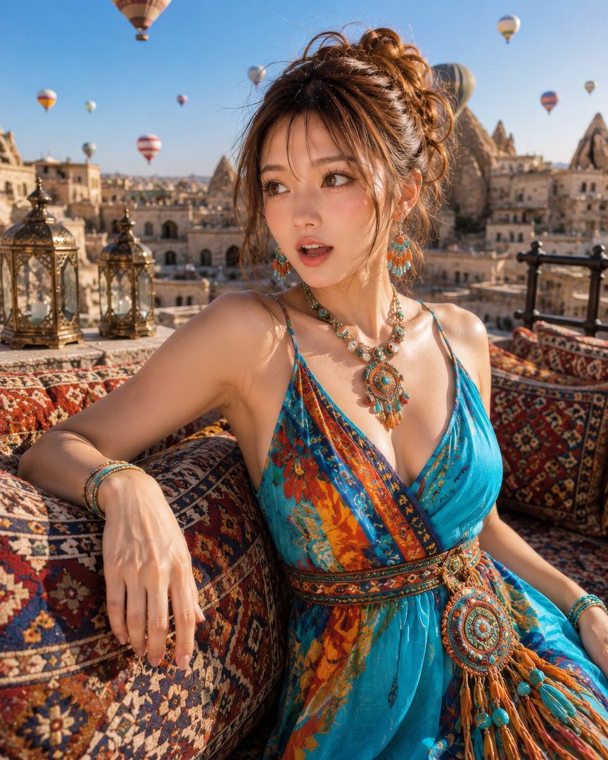 A woman in a vibrant blue and orange dress with intricate jewelry sits outdoors with hot air balloons in the background.