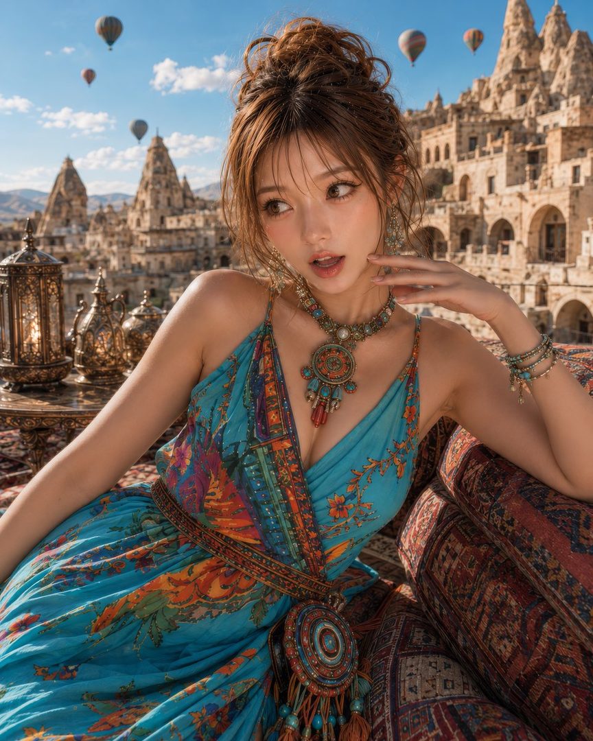 A woman in a blue patterned dress and elaborate jewelry poses outdoors with hot air balloons and ancient buildings in the background.