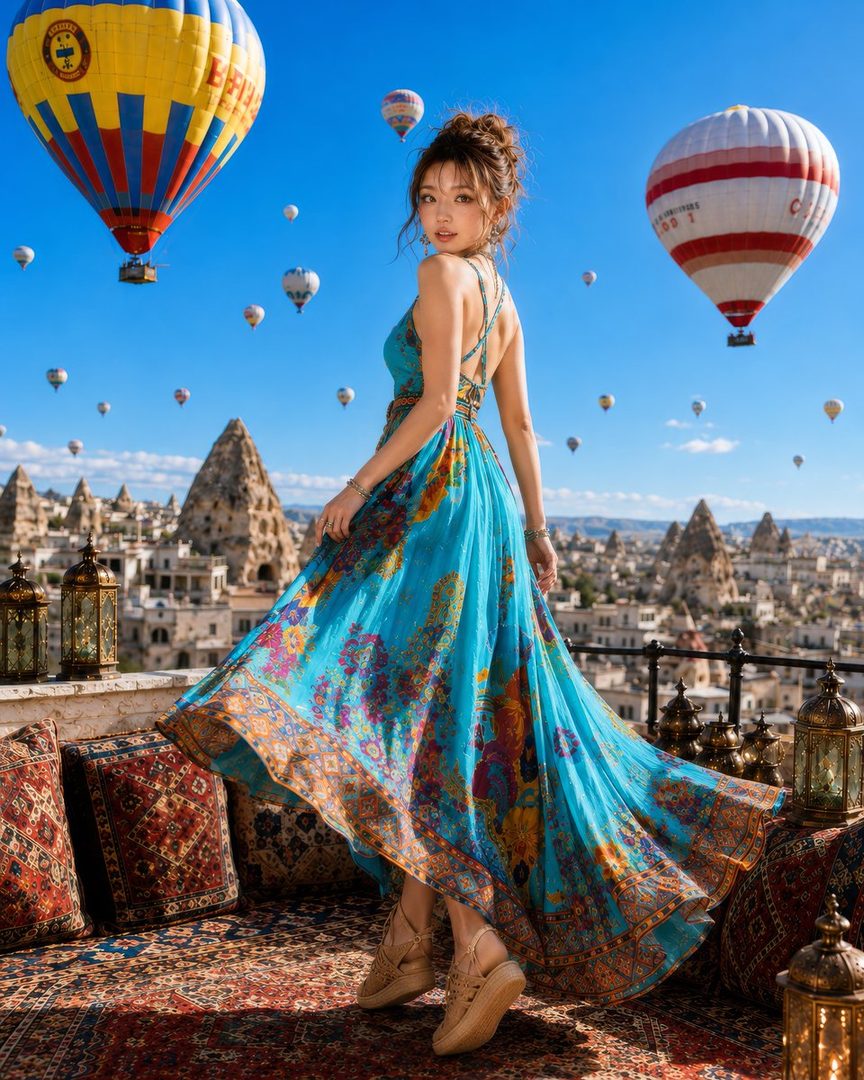 A woman in a flowing blue dress stands on a patterned rug on a rooftop, with hot air balloons and a city in the background under a clear blue sky.