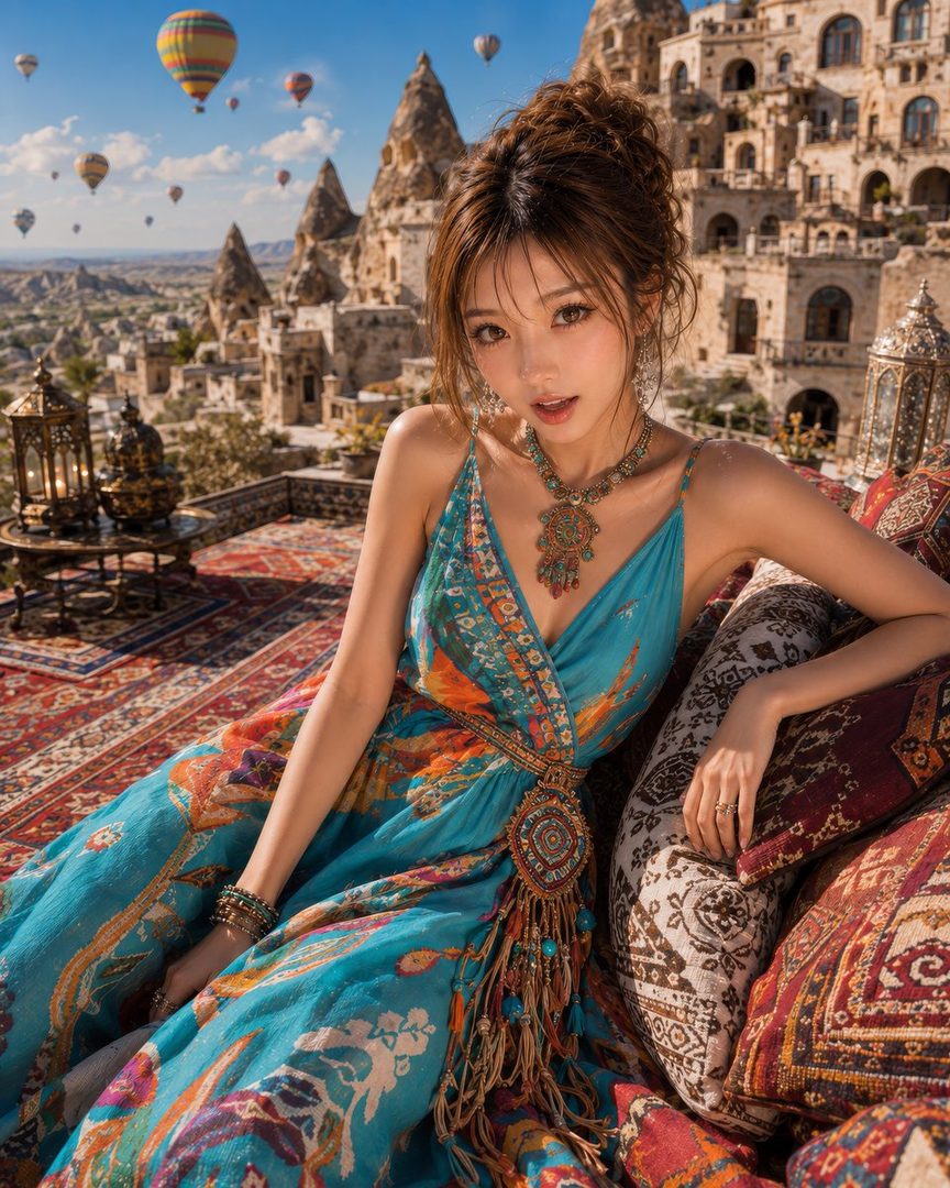 A beautiful woman in a blue patterned dress and ornate jewelry poses on a patterned rug with hot air balloons and a historic city in the background.