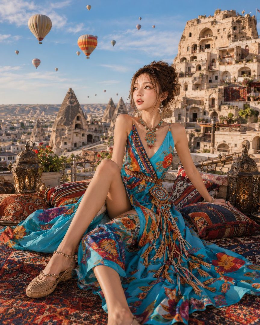 A woman in a vibrant blue patterned dress sits on a patterned rug on a rooftop overlooking a city with hot air balloons in the sky.