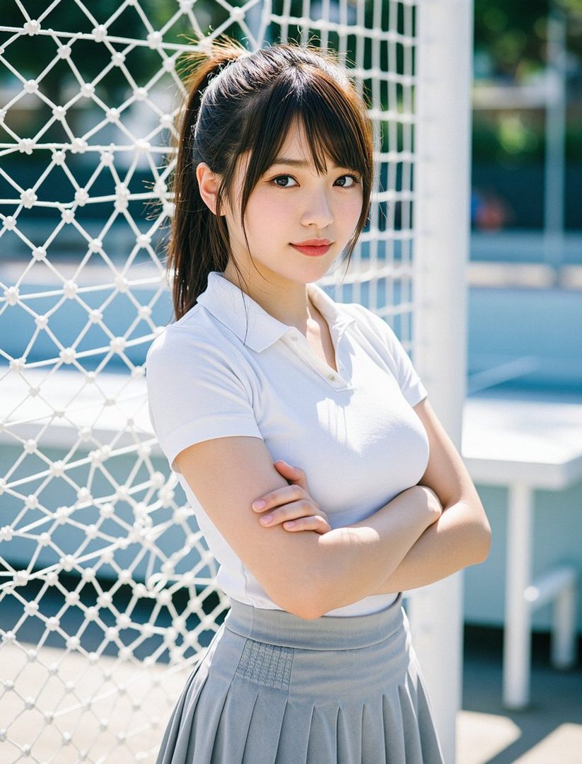 A young woman with brown hair tied in a ponytail and bangs, wearing a white polo shirt and a grey pleated skirt, stands outdoors with her arms crossed, looking at the camera.