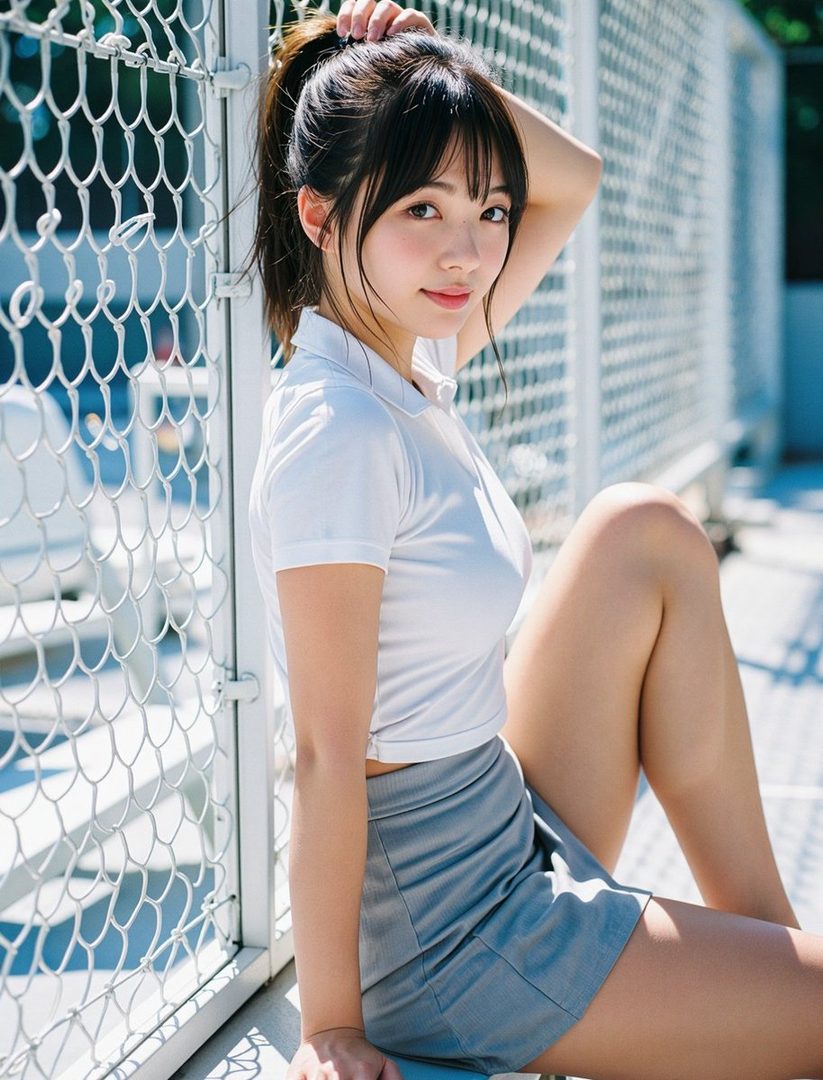 A young woman with black hair tied in a ponytail and bangs, wearing a white polo shirt and a grey skirt, sits outdoors next to a white fence.