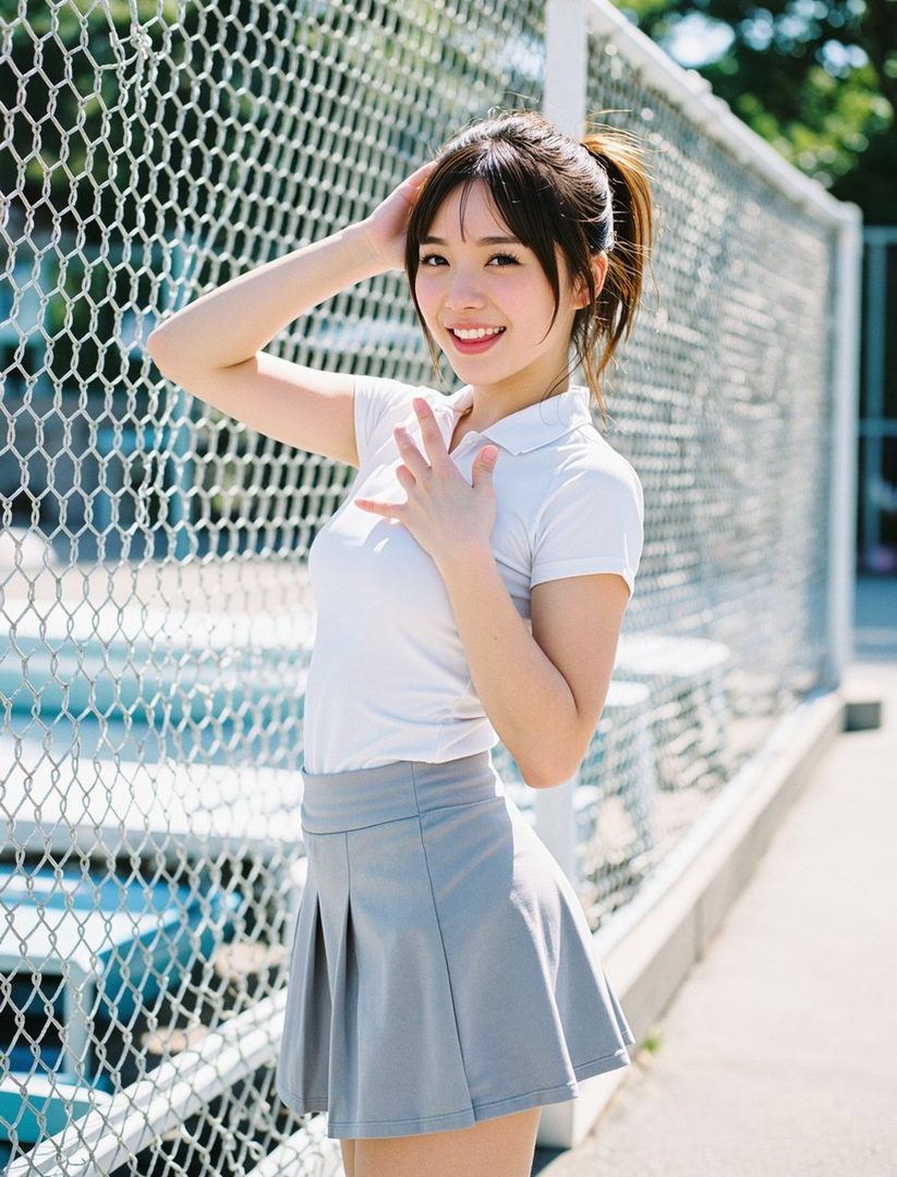A young woman with a ponytail and bangs smiles brightly while posing outdoors next to a chain-link fence, wearing a white polo shirt and a grey pleated skirt.