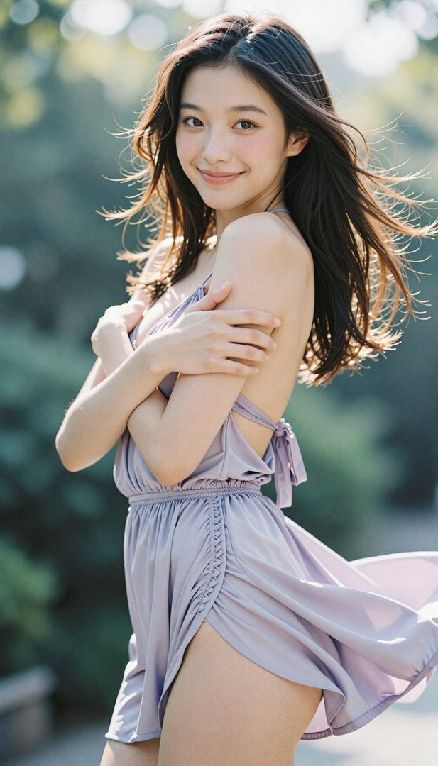 A beautiful young woman with long brown hair smiles gently while posing outdoors in a light purple dress.