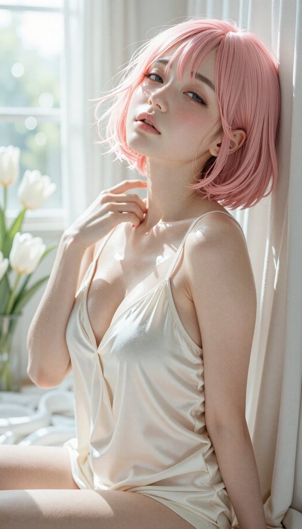 A photorealistic portrait of a woman with short pink hair and a light-colored top, bathed in soft sunlight indoors.
