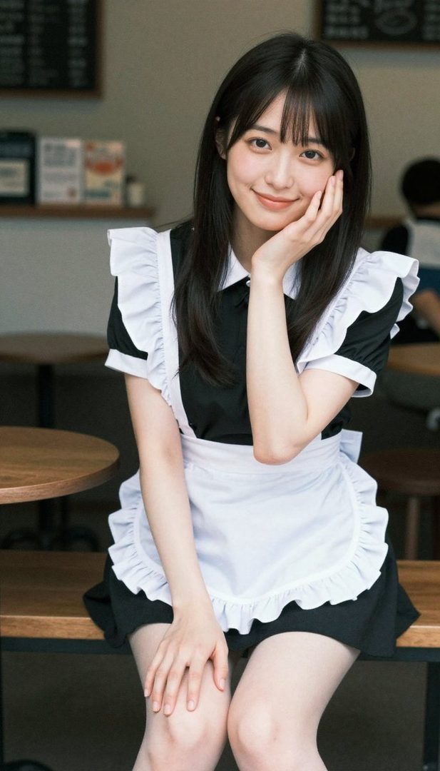 A young woman with long black hair and bangs, wearing a maid outfit, smiles gently while sitting indoors.