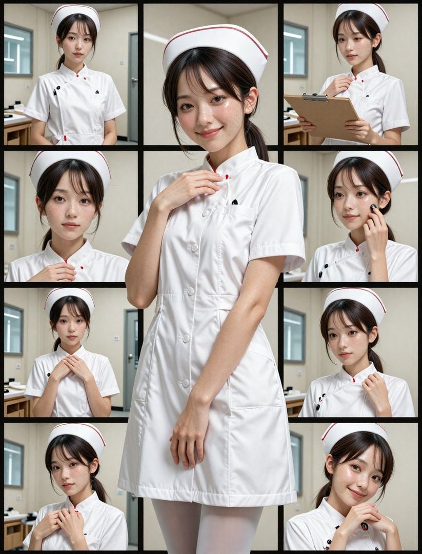 A young woman in a white nurse's uniform and cap is shown in a grid of various poses and expressions, with a central full-body shot.