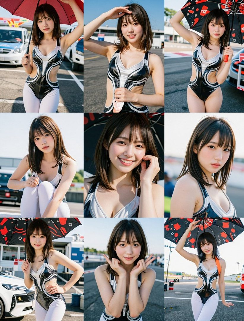 A collage of a young woman in a race queen outfit posing with an umbrella at a racetrack.
