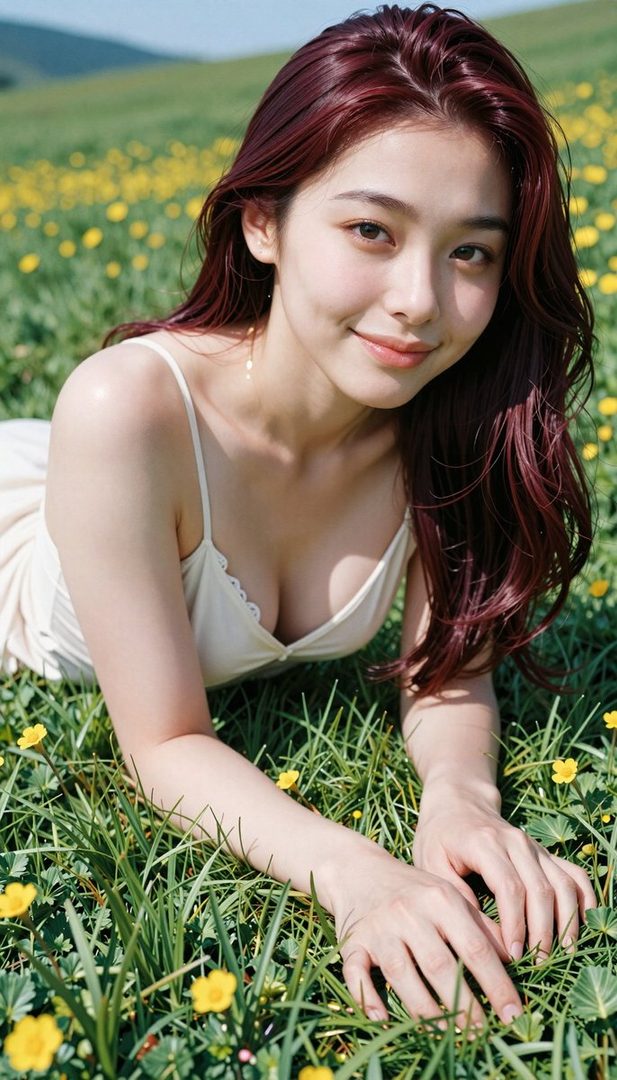 A beautiful woman with long red hair lies in a field of green grass and yellow flowers, looking at the camera with a gentle smile.