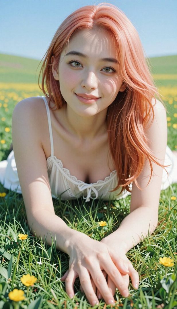 A young woman with long red hair and a white top lies in a field of green grass and yellow flowers, looking at the camera.