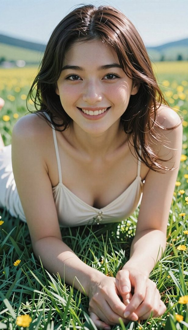 A beautiful young woman with long brown hair smiles while lying in a field of green grass and yellow flowers.