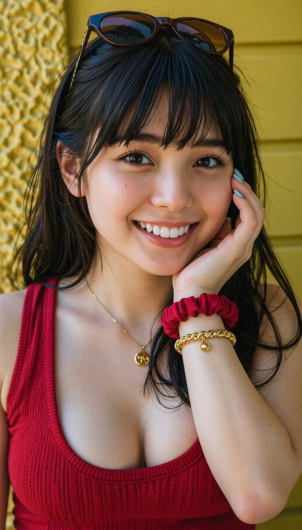 A smiling East Asian woman with black hair and bangs, wearing a red tank top and sunglasses on her head, poses for a close-up portrait.