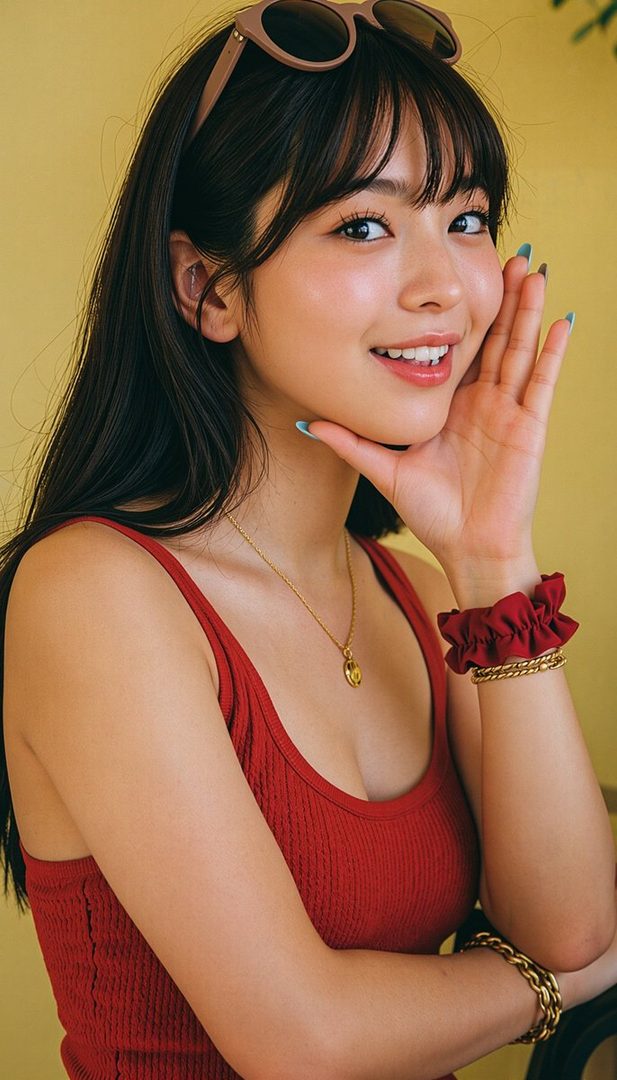 A young woman with long black hair and bangs, wearing a red tank top and sunglasses on her head, smiles at the camera.