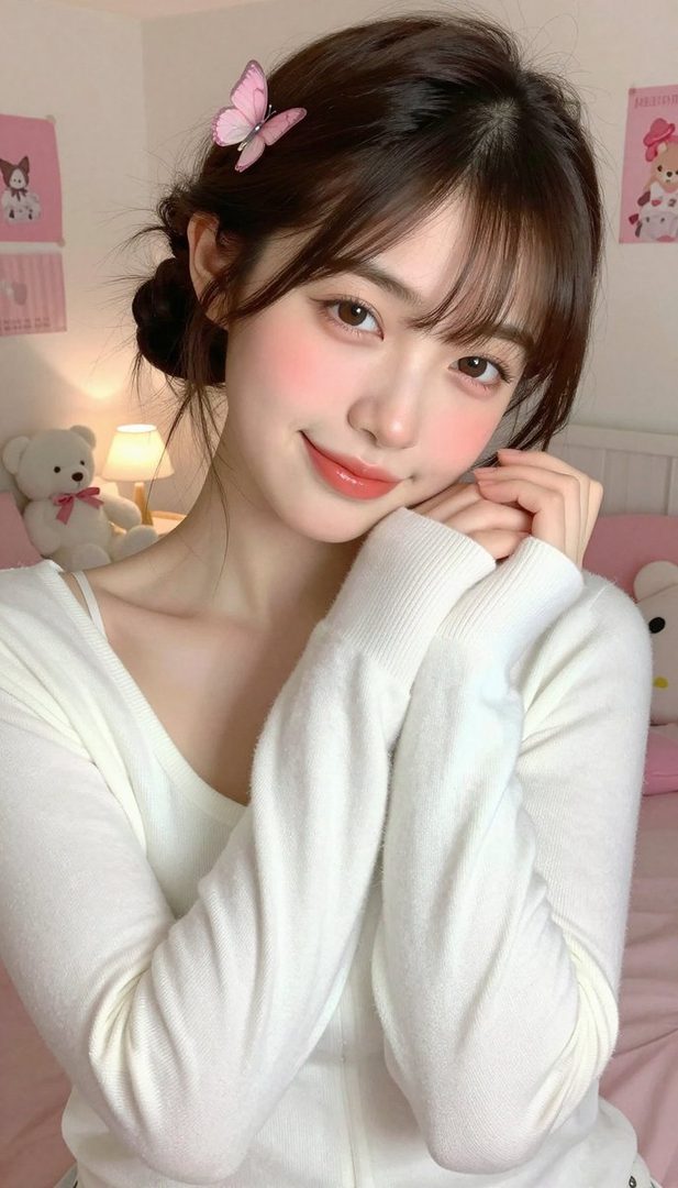 A cute East Asian woman with brown hair and bangs, wearing a white knit top, poses indoors with a pink butterfly clip in her hair.