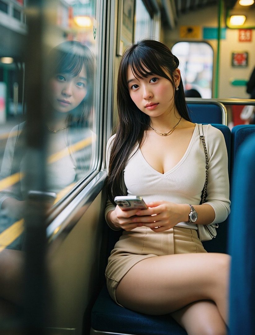 A young East Asian woman with long black hair and bangs sits on a train, looking at the camera while holding a smartphone.